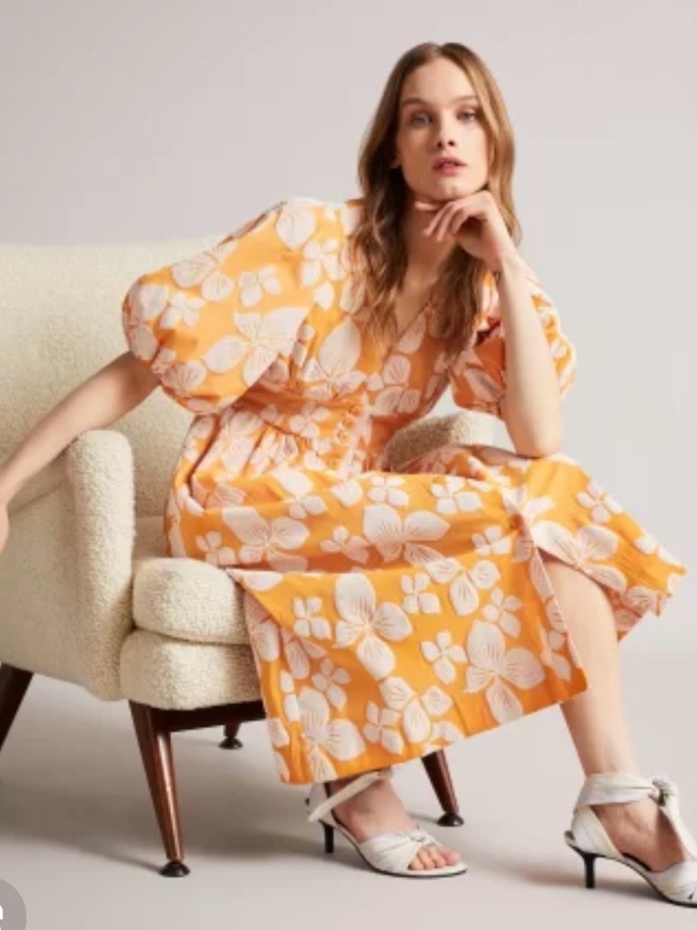 Ted Baker Cinthy Orange and White Floral Puff-Sleeve Midi Dress
